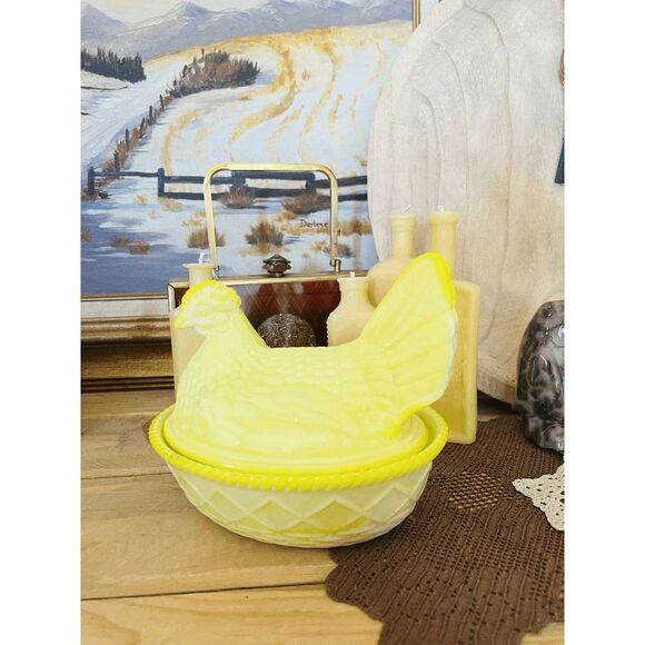 Westmoreland Mould Large Hen on Nest Mosser Glass USA – Dandelion Slag Yellow - Picture 2 of 7